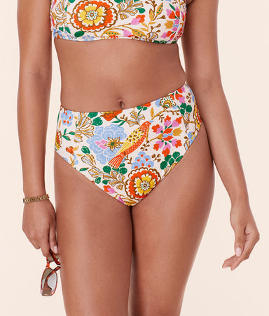 High Waist Cheeky Bikini Bottom Eco Nylon Bird Floral